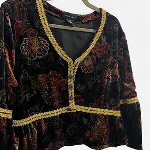 Linda Leal Vintage Dark Floral Velvet Blouse with Bell Sleeves